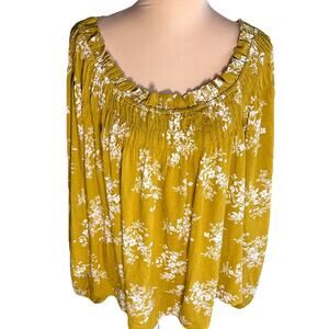Ces Femme Ditsy Floral Smock Peasant Blouse Puff Sleeves Mustard Yellow Sz L